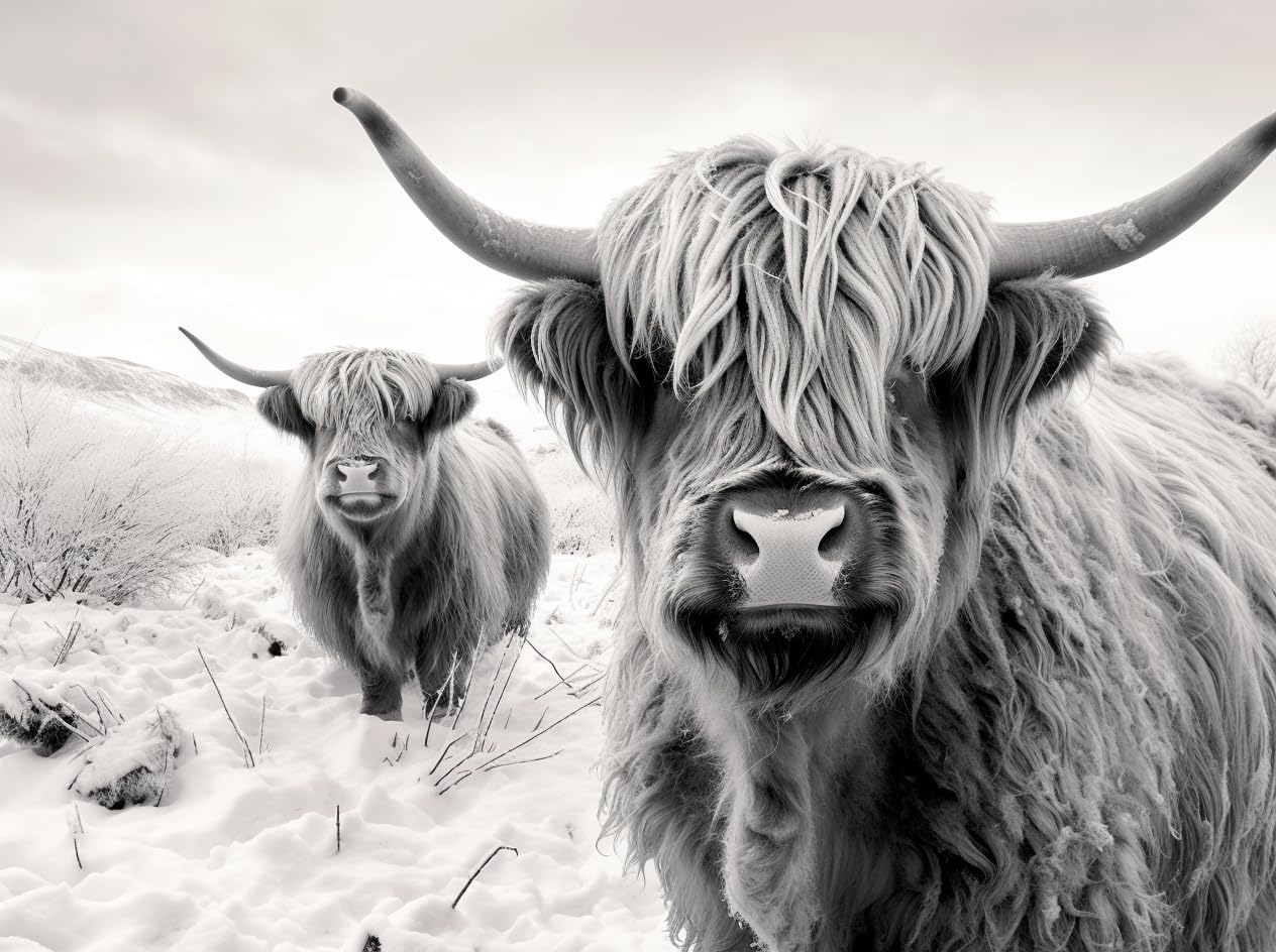DIY 5D Diamond Art Painting Art Black White Highland Cow Full Drill Square Diamond Art Painting by Number Kits for Adults and Crystal Cross Stitch for Home Wall Decoration Gift 40x50CM/16x20IN