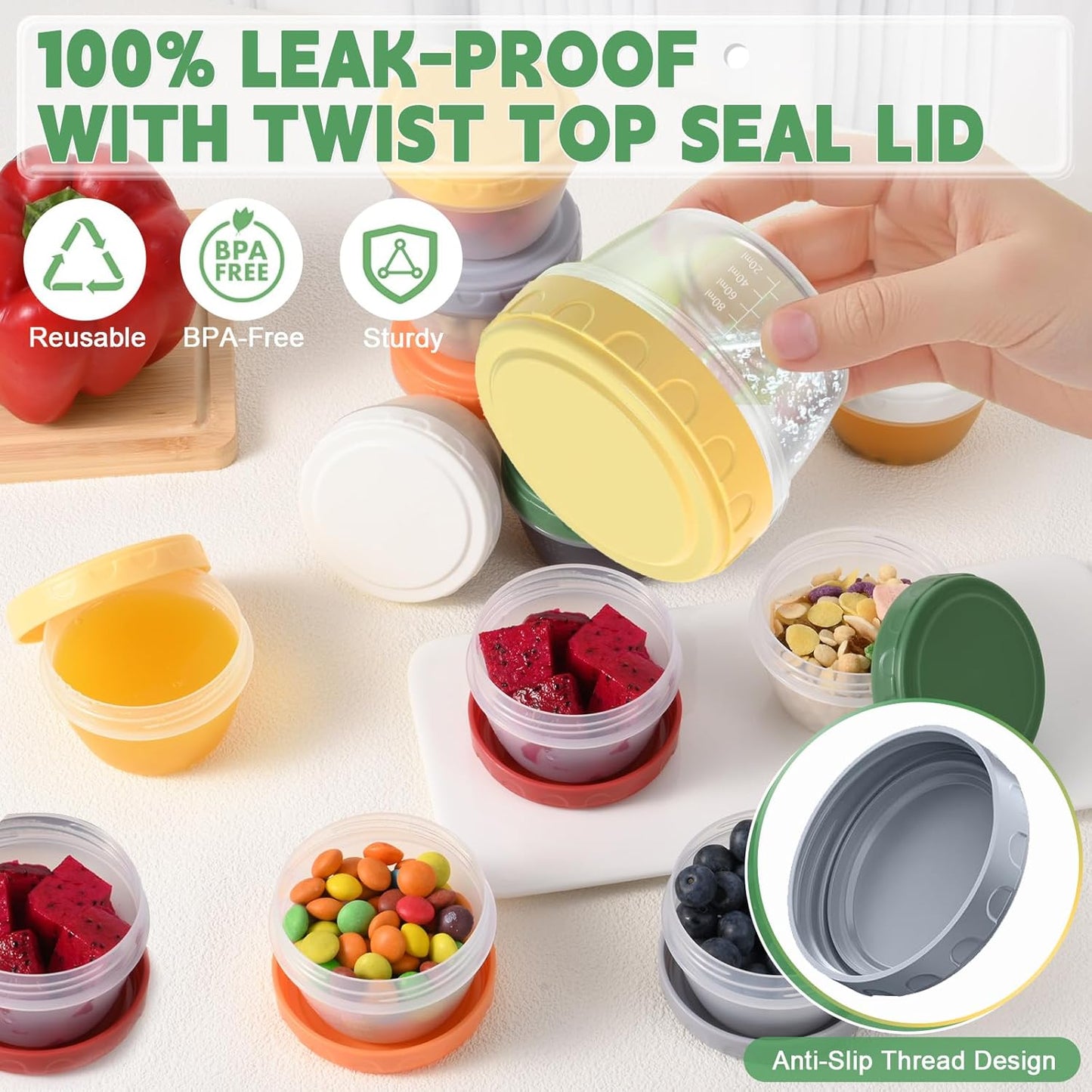 12pcs 4 oz 1/2 Yomarket Small Plastic Containers with Lids, Reusable Cup Small Food Storage Containers, Leakproof
