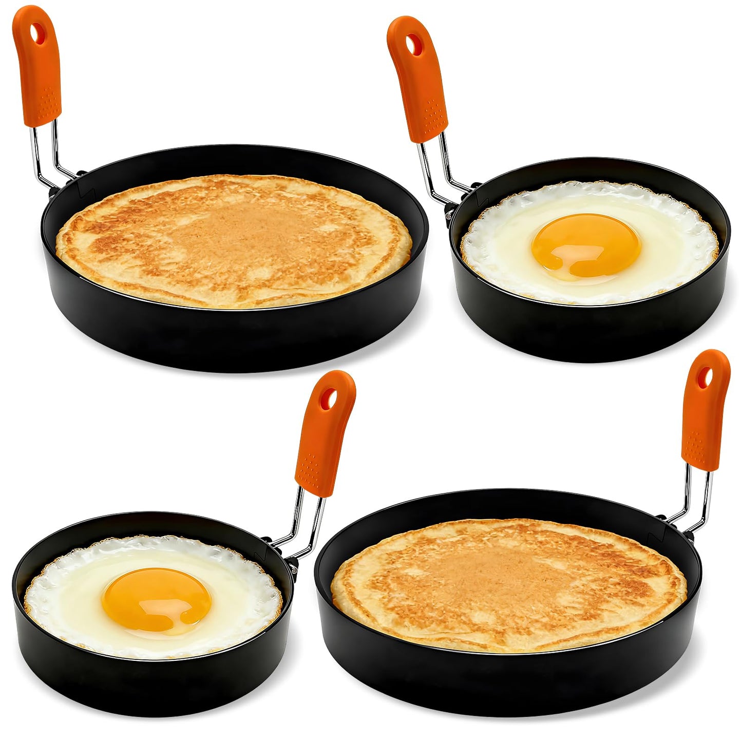Jibrelxion 4 Pack Professional Egg Ring Set, Stainless Steel Griddle Pancake Shapers, Round Fried Egg Molds with Orange Silicone Handle for Cooking, Breakfast, Omelette and Sandwich, (4,6 Inch)