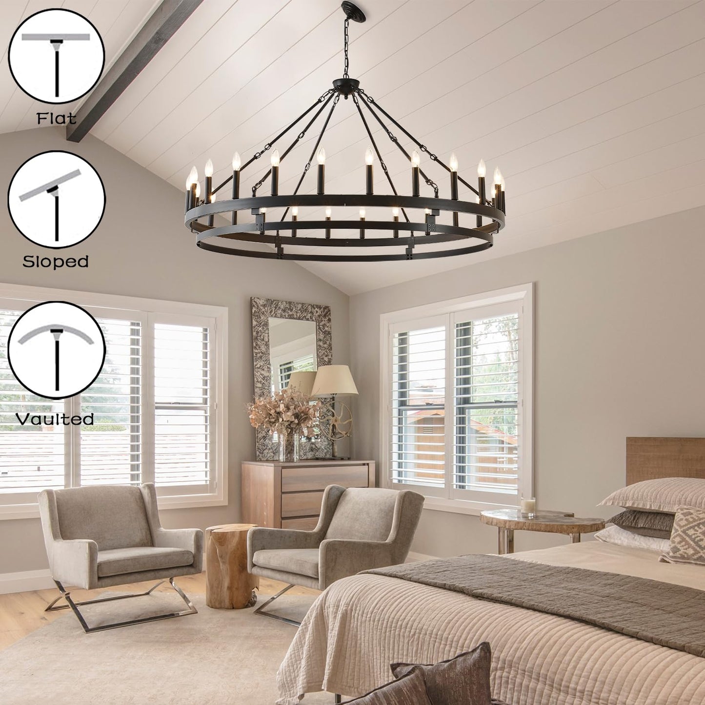 JKLX 53 inch Large Black Wagon Wheel Chandelier,Farmhouse Industrial Country Style Round Pendant Light Fixture,Round Ceiling Light fixtures for Outdoor Porch high Ceilings Living Foyer Entryway