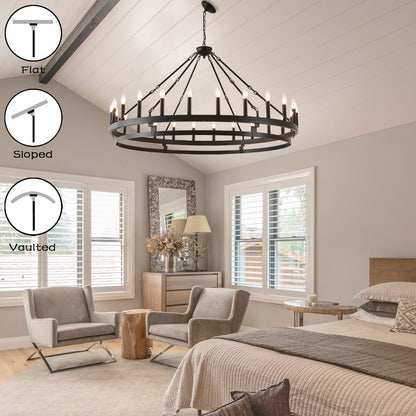 JKLX 53 inch Large Black Wagon Wheel Chandelier,Farmhouse Industrial Country Style Round Pendant Light Fixture,Round Ceiling Light fixtures for Outdoor Porch high Ceilings Living Foyer Entryway