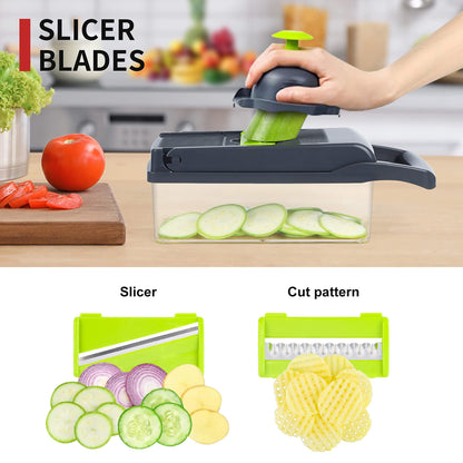 Vegetable Chopper Mandoline Slicer,Veggie Chopper, Multifunctional 10 in 1 Food Choppers, Kitchen Vegetable Slicer Dicer Cutter,Onion Mincer,Cheese,Colander Basket,Kitchen Gadgets (Gray/Green)