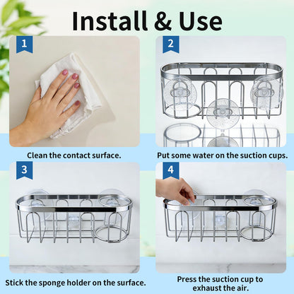Yazoni 2-in-1 Sponge Holder for Kitchen Sink, Sink Caddy Kitchen Sink Organizer with 3 Suction Cups, No Drill Rustproof Sink Sponge Holder for Dish Brush, Soap & Sponge (Silver)