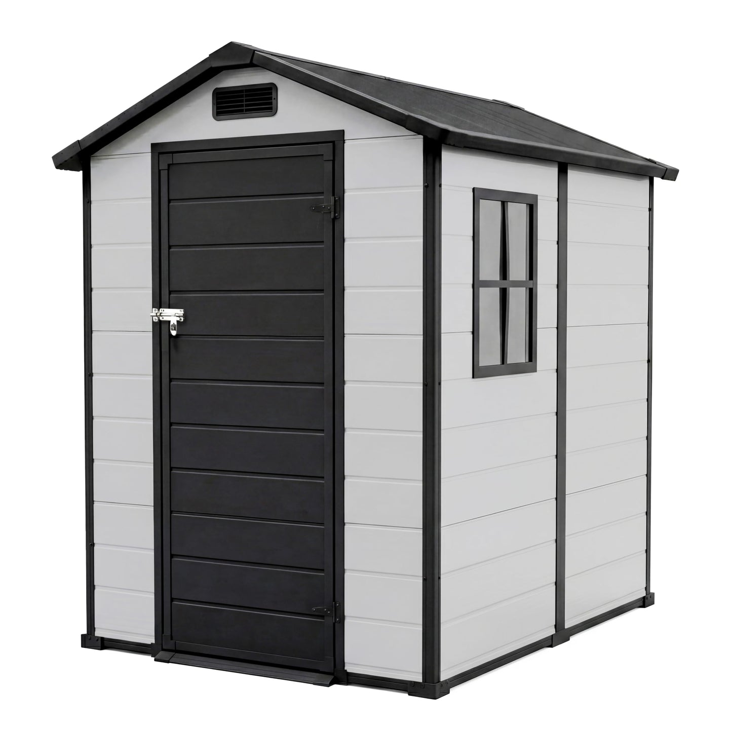 Outdoor Storage Shed with Floor, Plastic Resin Garden Shed with Window & Sloping Roof & Lockable Door for Patio Backyard Garden, Lawn Mower, Bike, Tool Storage (Grayish White + Black, 4' x 6')
