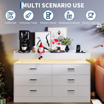 PeacefulHues TV Stand Cabinet with LED Lights & Charging Station, Coffee Bar Cabinet Floating Countertop, Modern Sideboard Buffet 6 Drawers for Home, Living Room, White