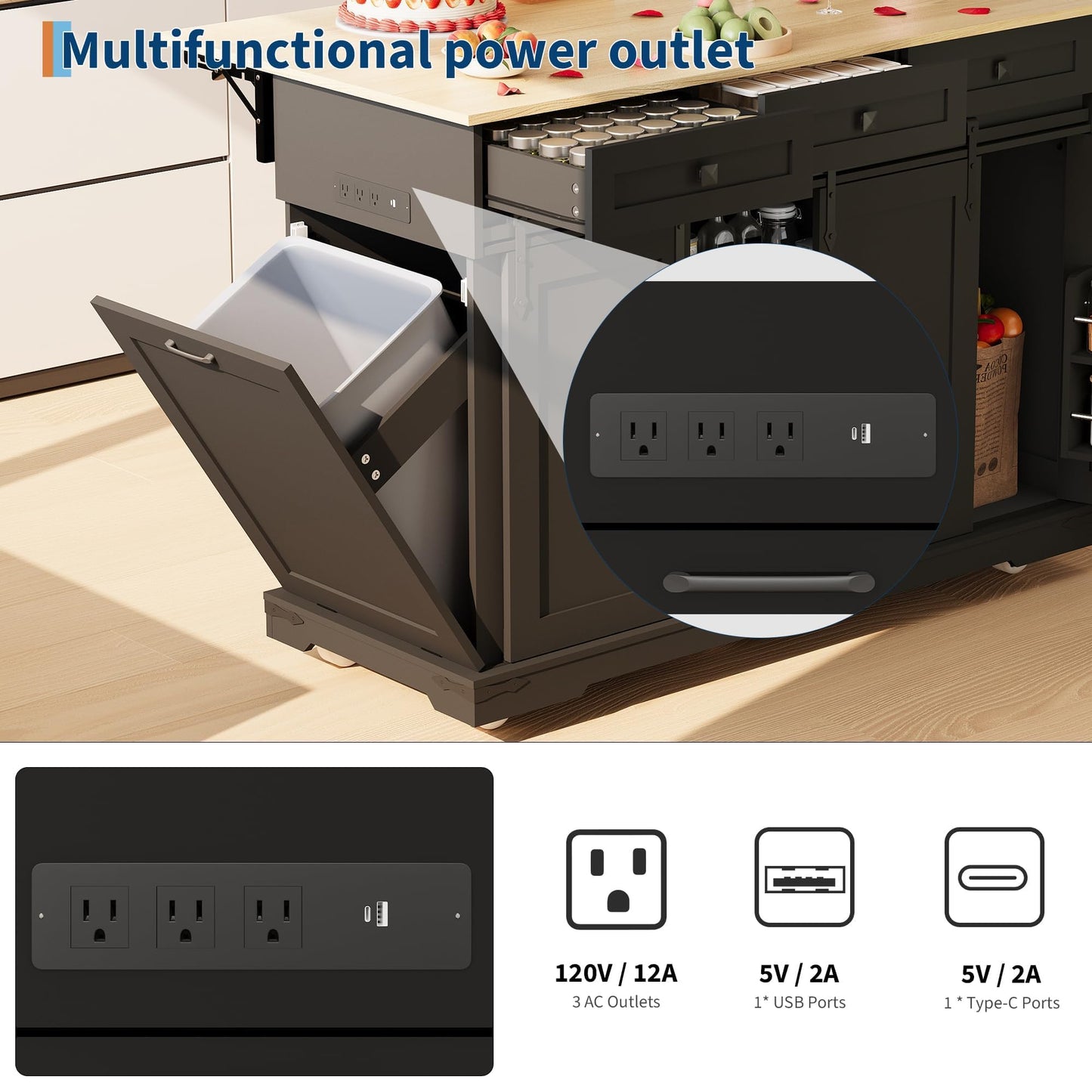 Large Rolling Kitchen Island with Power Outlet, Mobile Kitchen Cart on Wheels with Drop Leaf, 3 Drawers, Trash Can Storage, Spice Rack, Towel Holder, Kitchen Island Table for Dining Room, Home, Black