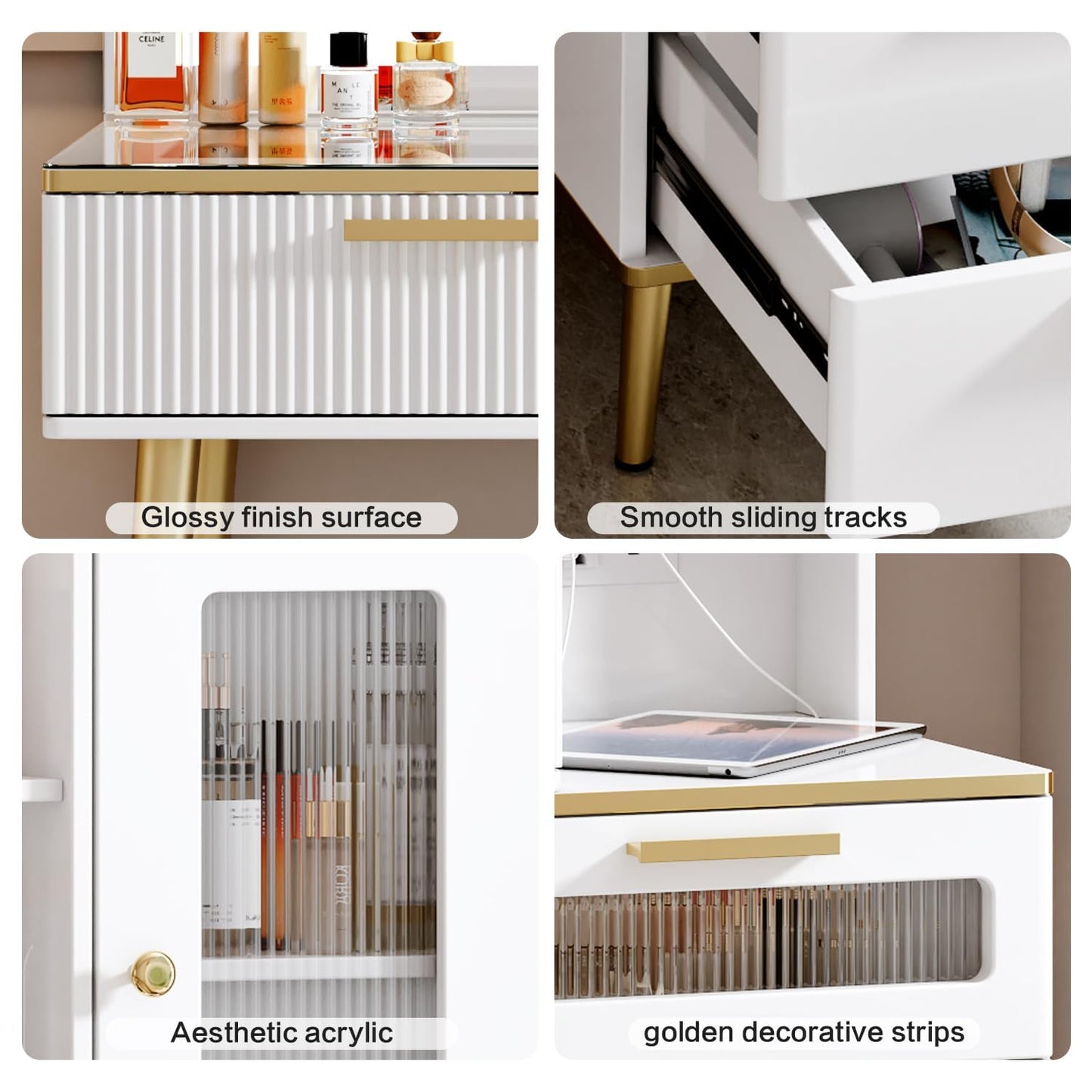 Arulvmrn Vanity Desk with 29.53" HD Lighted Mirror, 47.24" Big Modern Vanity Desk with Mirror and Lights, Makeup Vanity with 5 Drawers and Storage Shelves and Charging Station, White