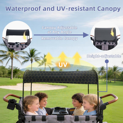 Stroller Wagon for 4 Kids, 4 Seater Wagon Stroller with Snack Tray, Large Storage Bag, Phone Cup Holder, Removable Canopy, Foldable Wagon Stroller 4 Seater with Adjustable Push Handles (Grey)
