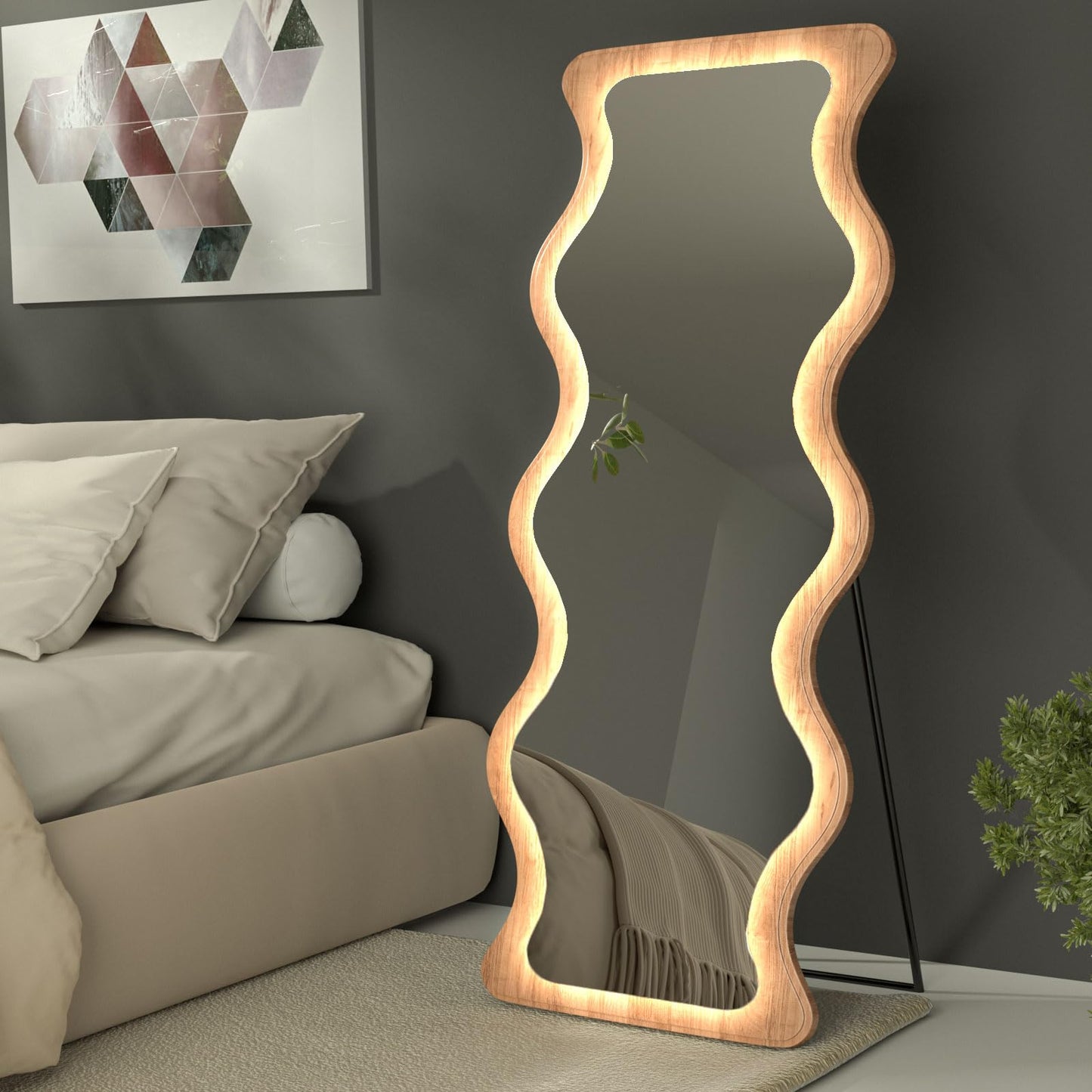 COOL2DAY 65" x 24" Led Wavy Full Length Mirror with Lights, Shatter-Proof Hanging/Leaning Irregular Wall Mirror, Wooden Led Floor Mirror for Dressing Bedroom Living Room