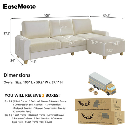 EASE MOOSE Large Seat Velvet L-Shaped Sofa, Soft 4 Seat Couch with Reversible Chaise, Comfy Sectional Modular Sofa with Removable Washable Covers for Living Room and Small Space, Beige