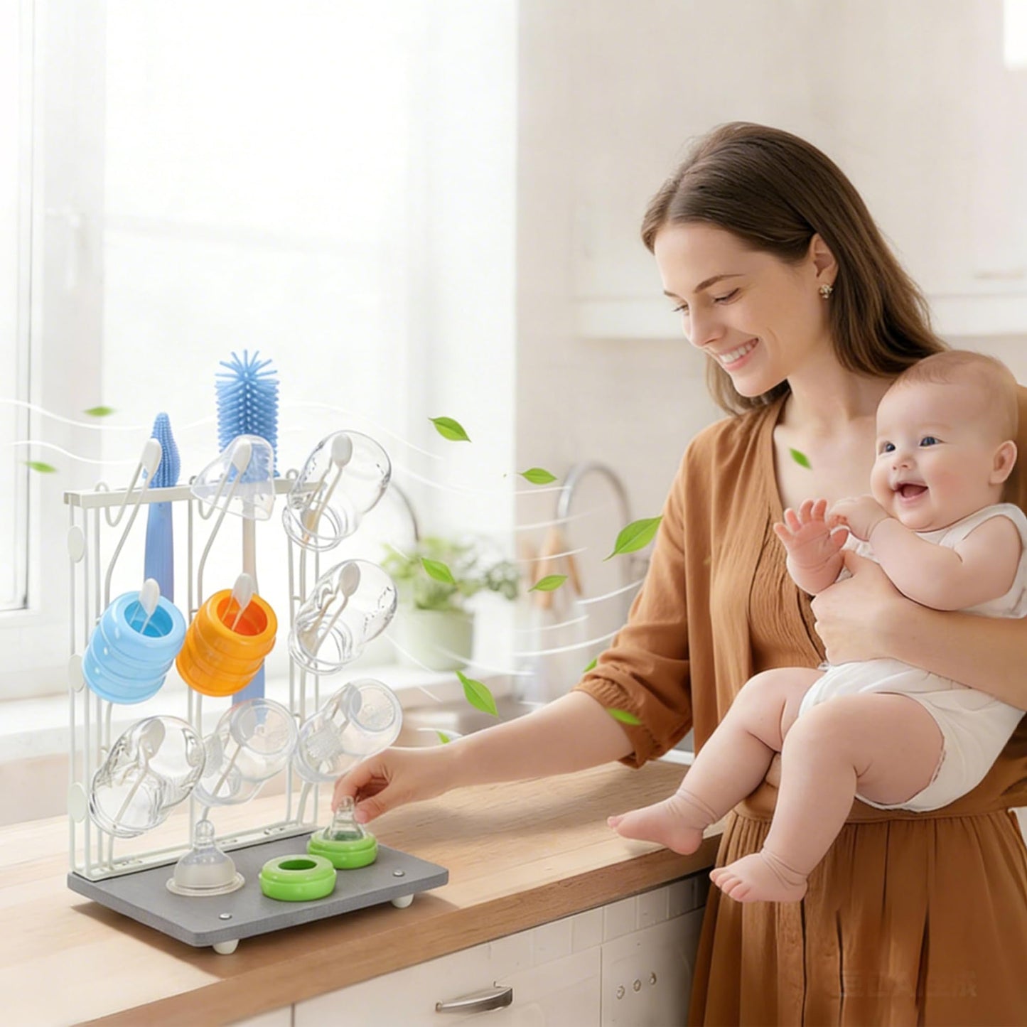 Taozun Bottle Drying Rack with 9 Hooks, Quick-Dry Diatomite Base with Stainless Steel Cup Stand, Vertical Space Saving Countertop Baby Organizer