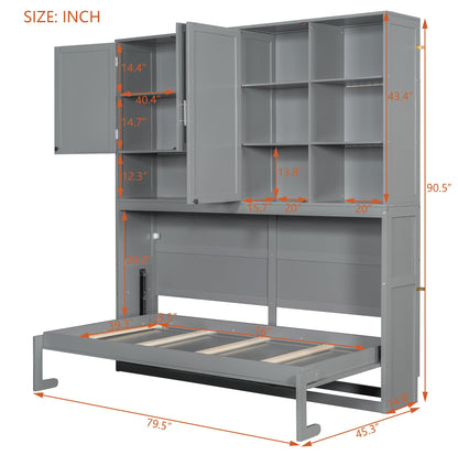 Ball & Cast Twin Size Murphy Bed,Foldable Wall Bed with Top Cabinet,Storage Shelves,Hidden Cabinet Bed Frame with Led Light and USB Port for Bedroom,Guest Room,Space Saving,No Box Spring Needed, Gray