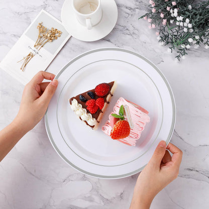 BESTVIP 100PCS Silver Plastic Plates, 10.25 Inch Disposable Dinner Plate Party with Silver Rim for Christmas, Thanksgiving, Heavy Duty Disposable Plastic Plates for Party, Wedding and Birthday, Events