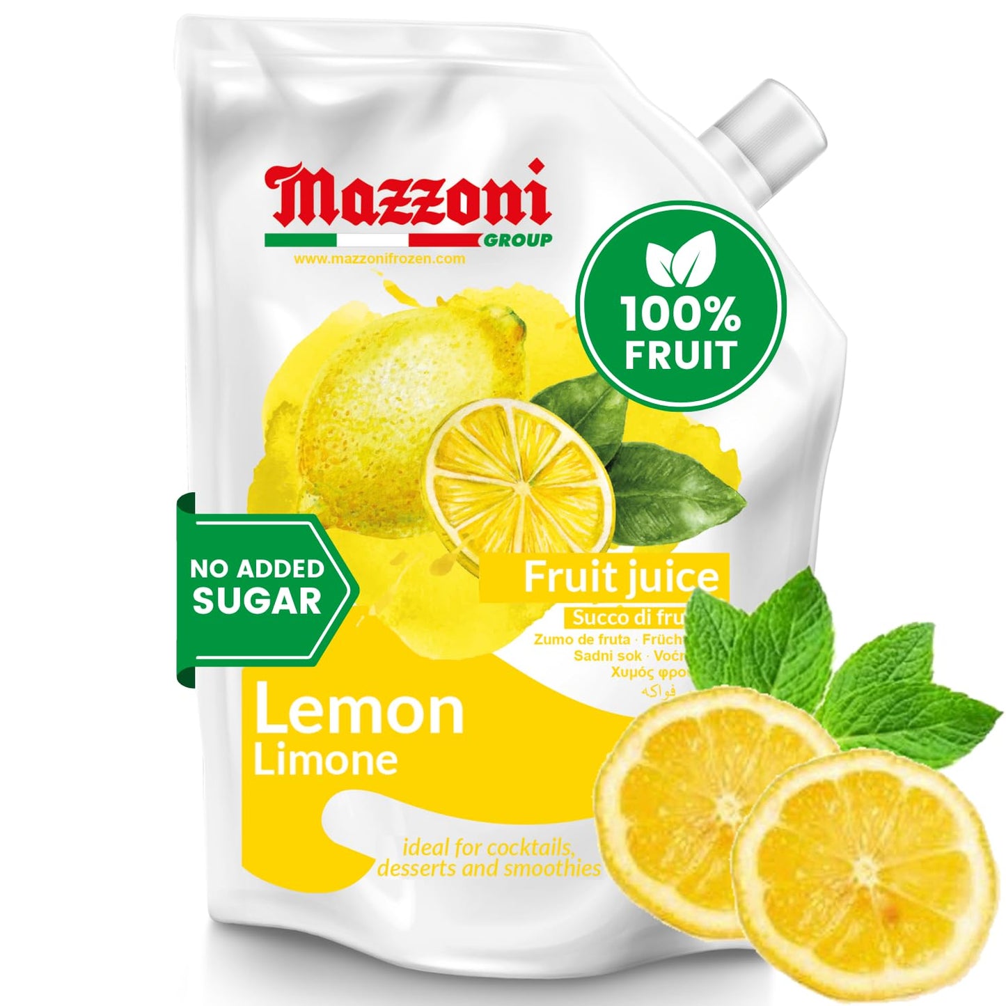 Mazzoni - Lemon Juice, 100% Pure Lemon, Just Juice, No Sugar Added, Not from Concentrate, No Added Ingredients, Mixer for Cocktails, Drinks, Smoothies – 2.2 lb Convenient Pouch, Made in Italy