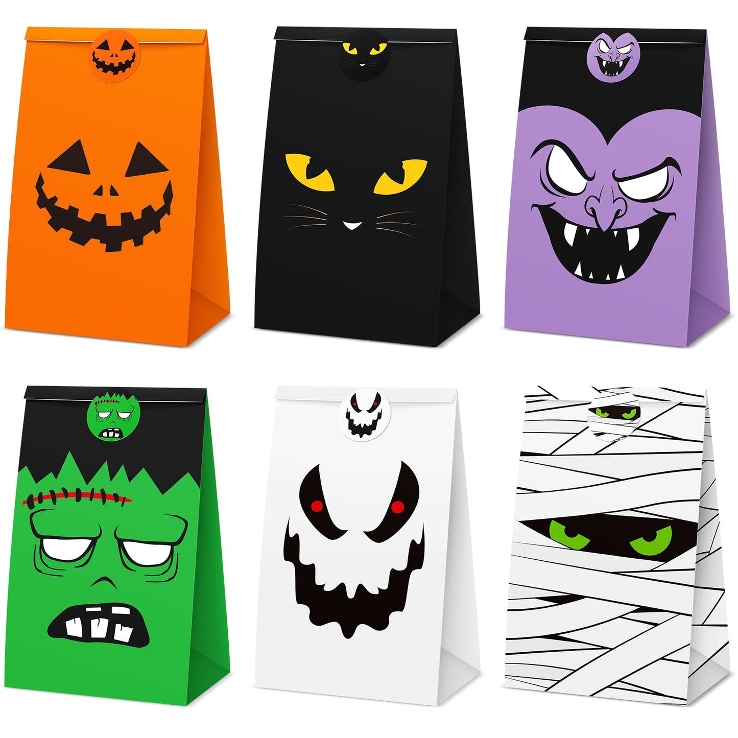 TaoBary Halloween Treat Bags Cute Trick or Goody Bags Halloween Paper Favor Bag with 6 Assorted Designs Stickers for Trick or Goody Birthday Party Event Supplies(30 Pcs)