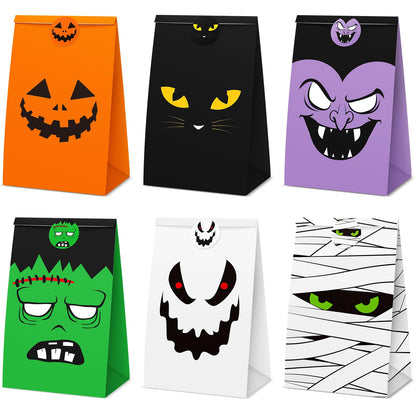 TaoBary Halloween Treat Bags Cute Trick or Goody Bags Halloween Paper Favor Bag with 6 Assorted Designs Stickers for Trick or Goody Birthday Party Event Supplies(60 Pcs)