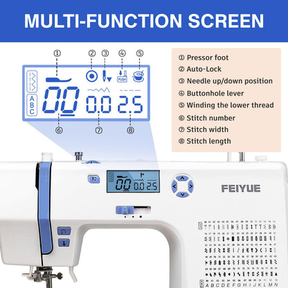 FEIYUE FY600 Electronic Sewing Machine for Beginners, 146 Built-in Stitches, LCD Display, Automatic Needle Threader, Adjustable Speed, Free Arm, 100-240V 70W