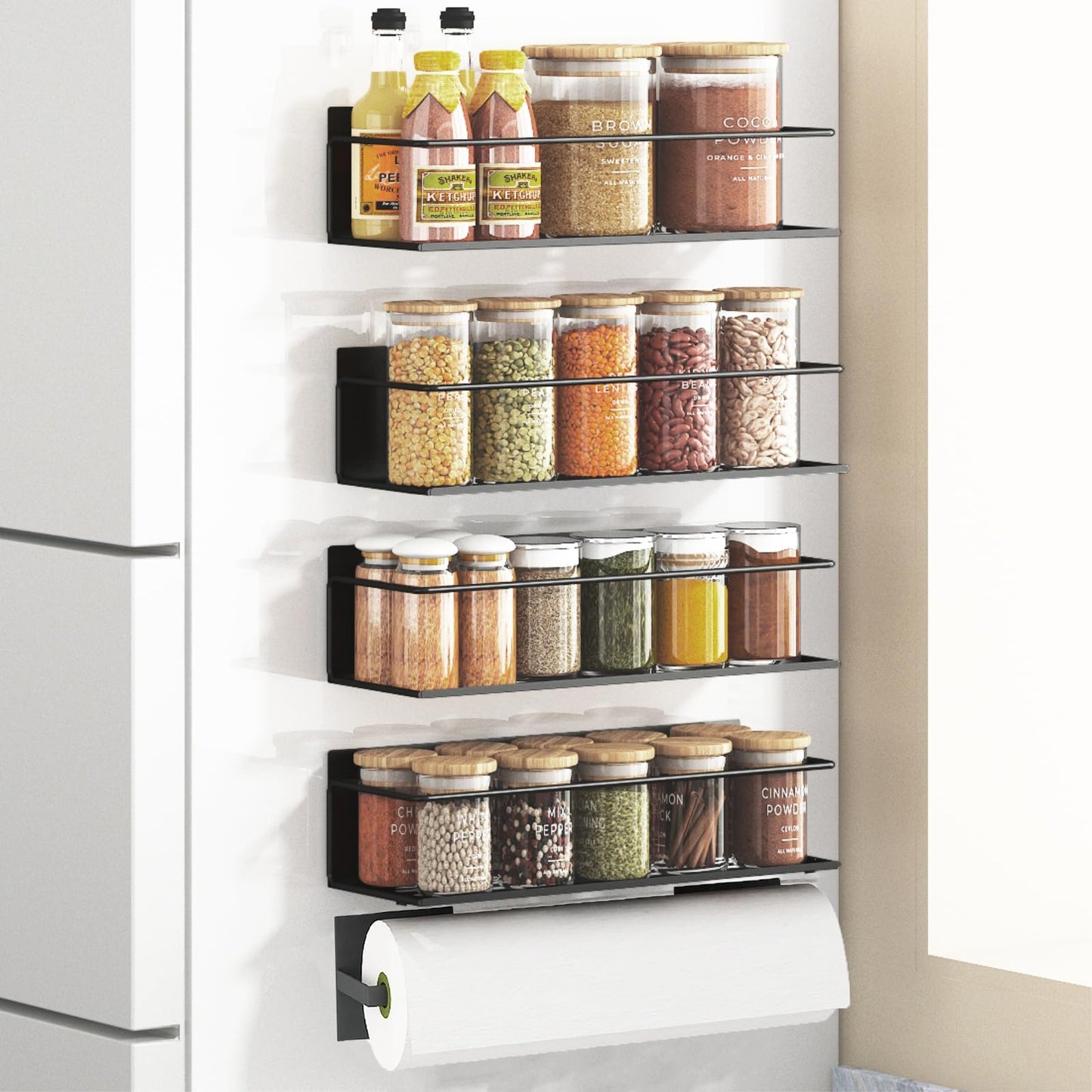 Roysili Magnetic Spice Rack For Refrigerator, Magnetic Fridge Shelf For Kitchen, Magnetic Shelf For Fridge Space Saving Black 4 Pack With Magnetic Paper Towel Holder