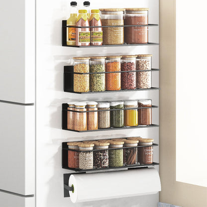 Roysili Magnetic Spice Rack For Refrigerator, Magnetic Fridge Shelf For Kitchen, Magnetic Shelf For Fridge Space Saving Black 4 Pack With Magnetic Paper Towel Holder