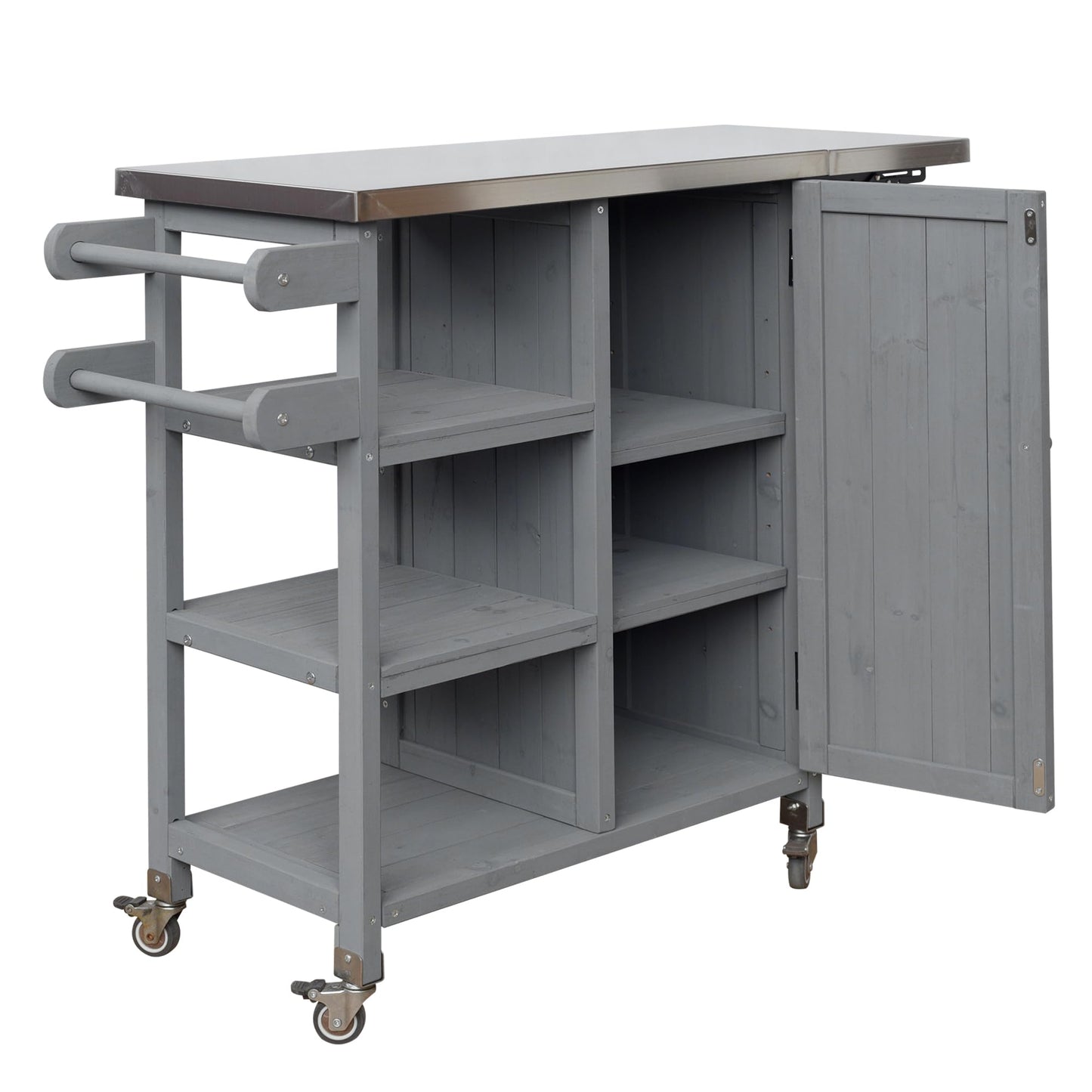 Foldable Outdoor Kitchen Island Cart with Stainless Steel Top, Rolling Grill Table with Storage Cabinet Shelves and Double Towel Rack, Wooden BBQ Prep Station with Lockable Wheels for Patio, Grey