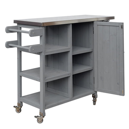 Foldable Outdoor Kitchen Island Cart with Stainless Steel Top, Rolling Grill Table with Storage Cabinet Shelves and Double Towel Rack, Wooden BBQ Prep Station with Lockable Wheels for Patio, Grey