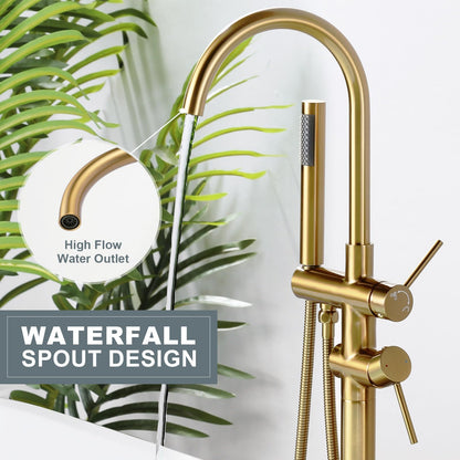 Freestanding Tub Filler Faucet, Floor Mount Brushed Gold Bathtub Faucet with Single Handheld Shower, Brass Shower Tub Faucet Set Complete, Bathtub Faucet with Shower