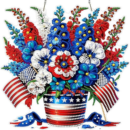 LPDJITO 5D Patriotic Diamond Art Hanging Kits for Adults, Flowers Diamond Painting Flowers Pendant Kits, Special Shape USA Flag Gem Art Suncatcher Ornament for Home Window Wall Decor