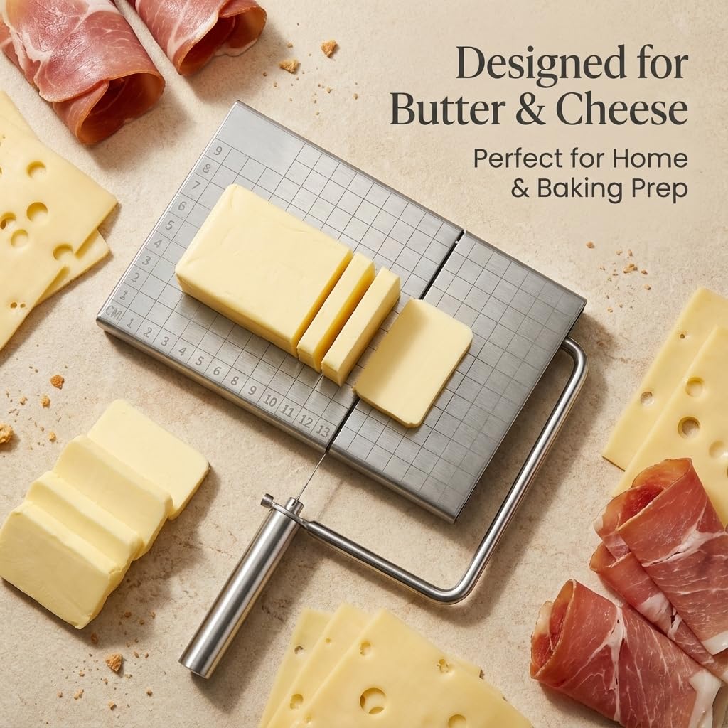 Cheese Slicer Board with Wire, Stainless Steel Cheese Cutter with Measuring Grid, Adjustable Thickness for Cheese & Butter, Includes 5 Replacement Wires