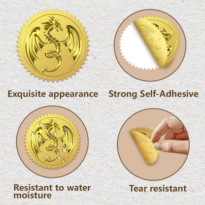 WADORN 100Pcs 2'' Dragon Embossed Gold Foil Seals, Self Adhensive Animal Round Gold Seals Sticker Labels Vintage Dragon Sticker for Envelopes Invitation Card Diplomas Awards Graduation