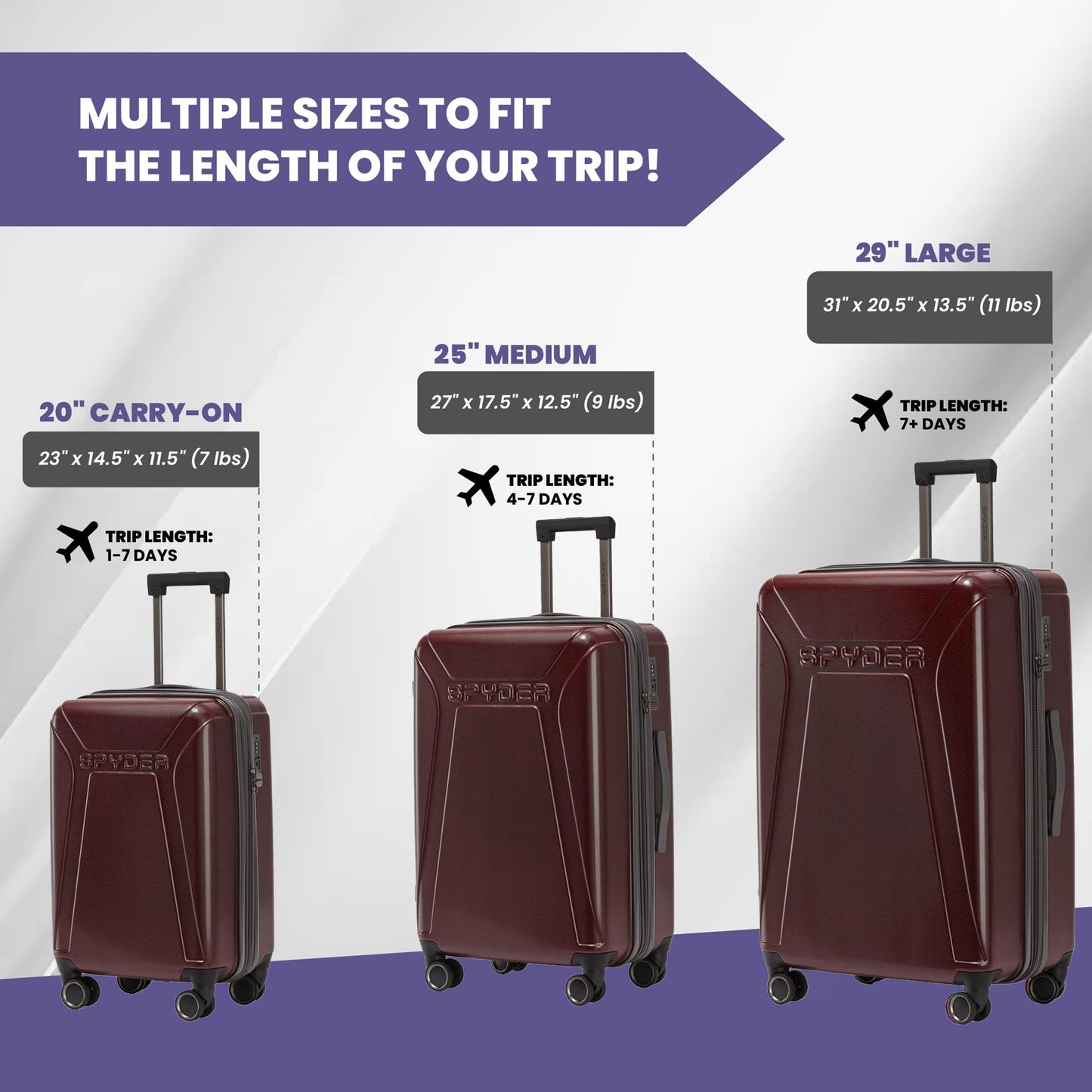 Spyder Traverse 3 Piece Carry On & Checked Suitcase Set with 360° Spinner Wheels, TSA Approved Lock (20 Inch, 25 Inch, 29 Inch), Cherry