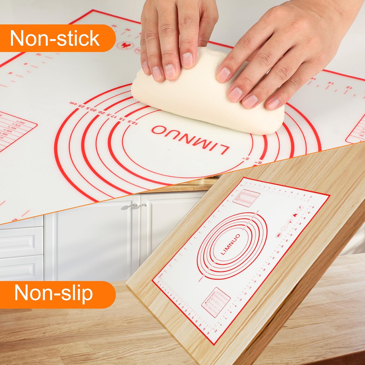 Silicone Baking Mat，Non Stick Rolling Dough with Measurements for Pie Pizza Cookies Fondant Making，Extra Thick Non Slip Silicone Pastry Mat (Red, L-16"×24")