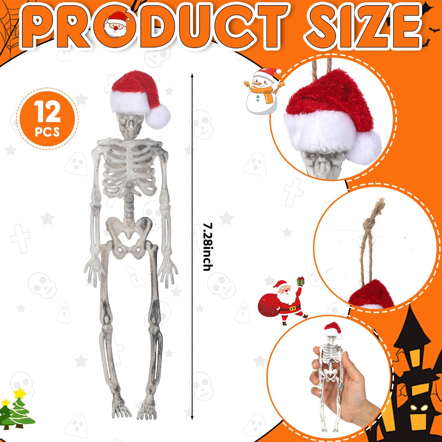 Silipull 12 Pcs Christmas Skeleton Figurine with Santa Hat 7.3 Inch Skeleton Santa Claus Tree Hanging Ornament Mini Skeletons Figurines for Christmas Indoor Outdoor Party Decoration