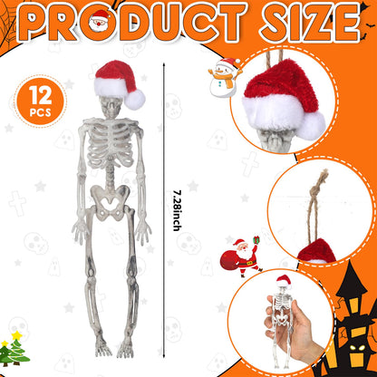 Silipull 12 Pcs Christmas Skeleton Figurine with Santa Hat 7.3 Inch Skeleton Santa Claus Tree Hanging Ornament Mini Skeletons Figurines for Christmas Indoor Outdoor Party Decoration