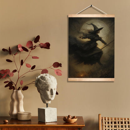 HEYJEEPER Witch Wall Art Decor,18x14inch Gothic Witch Flying on Broomstick Linen Posters, Dark Academia Moon Artwork, Spooky Wall Hanging Decor for Bedroom,Living Room,or Witch Room Decor (A Witch)