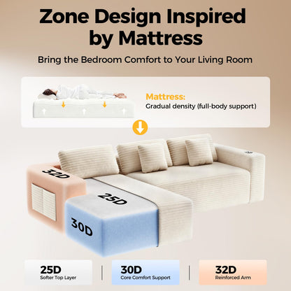 CAMMOO 108” Cloud Sectional Couch in One Box, Compressed Modular Sectional Sofa with Deep Seat, Corduroy Boneless Couches, L-Shaped Sofa for Living Room, 4 Storage Pockets(Left Facing Chaise, Beige)
