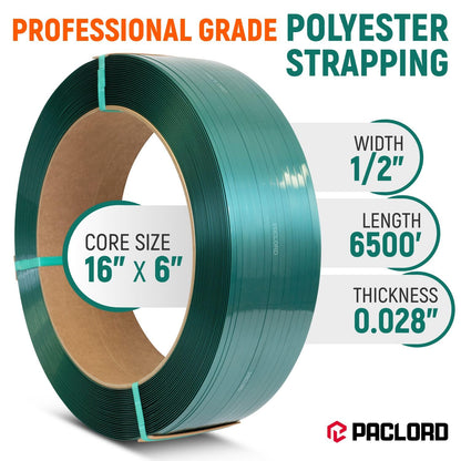 Paclord 1/2" x 6500' Industrial-Grade Polyester (PET) Strapping Coil, 0.028" Thickness, 16" x 6" Core, 820 lbs Break Strength - Green Pallet Banding Strap – Excellent Weather Resistant