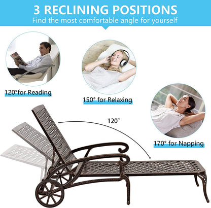 Karzibo Cast Aluminum Outdoor Chaise Lounge Chair with Wheels, Patio Chaise Lounge with 3-Position Adjustable Backrest, Outdoor Tanning Chair Patio Lounge Chair, Brown