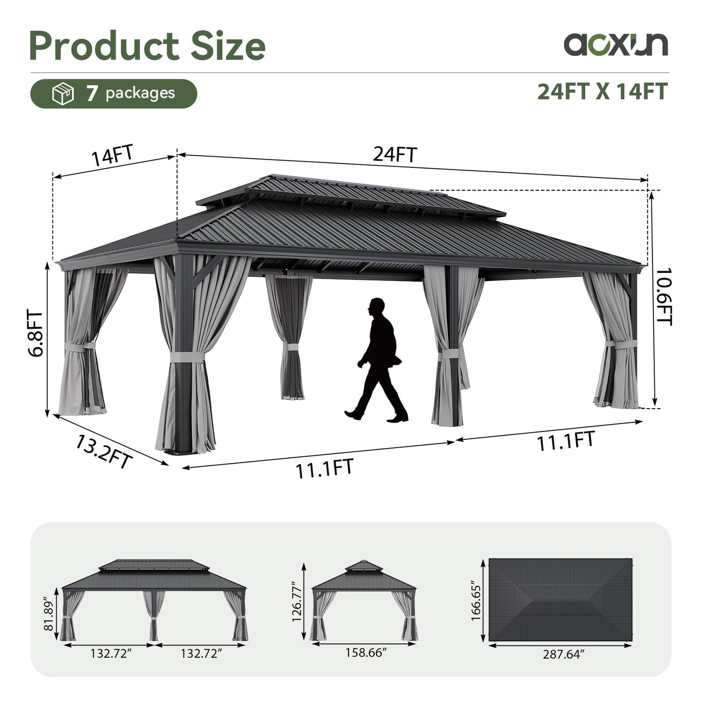 Aoxun 14' X 24' Hardtop Gazebo with Drainage System, Aluminum Outdoor Gazebo with Galvanized Steel Double Roof, Patio Permanent Metal Pavilion with Netting, for Garden, Deckyard, Grey