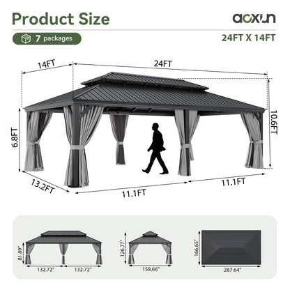Aoxun 14' X 24' Hardtop Gazebo with Drainage System, Aluminum Outdoor Gazebo with Galvanized Steel Double Roof, Patio Permanent Metal Pavilion with Netting, for Garden, Deckyard, Grey