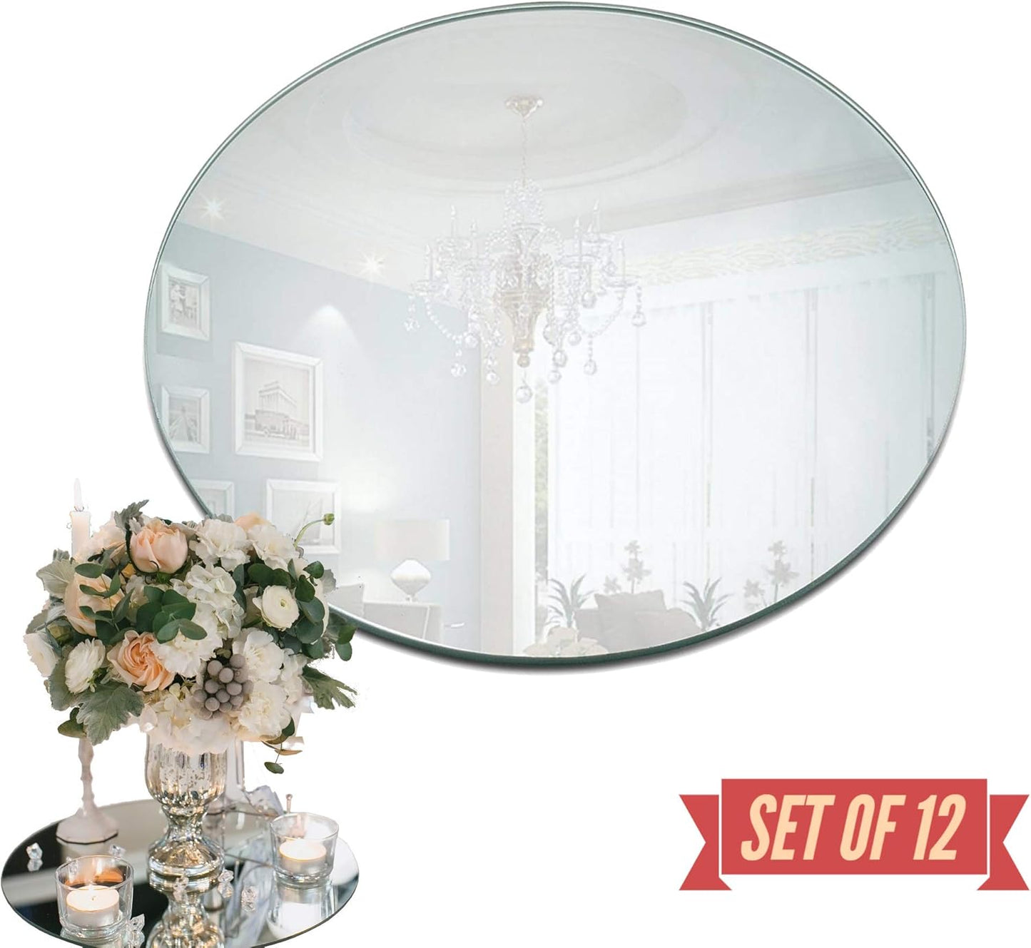 PARNOO 12 Inch Round Mirror Plate, Set of 12, 1.5mm Thick Glass Tiles with Smooth Edges for Candle Wedding Centerpieces