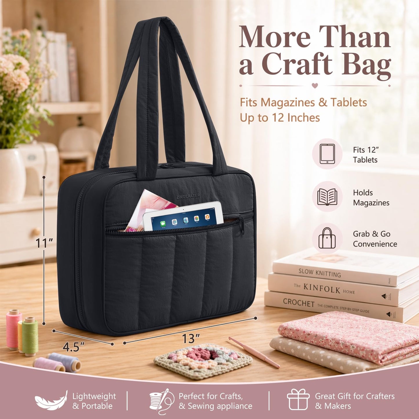 AMOIGEE Sewing Supplies Organizer Bag, Large Craft Storage Tote with 17 Clear Pockets&Tool Holders, Portable Crochet Knitting Embroidery Organizer Case for Threads, Hooks, Needles & Sewing Accessories