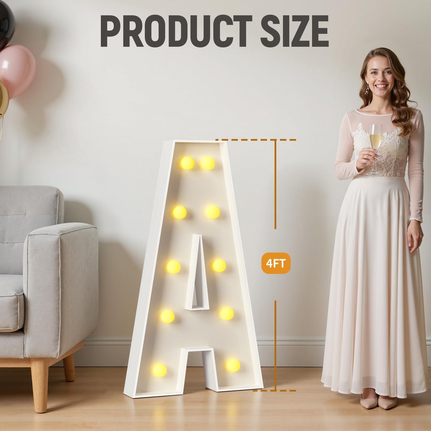 Mixifox Marquee Letters 4 Feet Tall, 4FT Large Light up Letters A, Big Sign A with Warm White Light for Birthday Wedding Proposal Engagement Graduation Party Backdrop Decorations