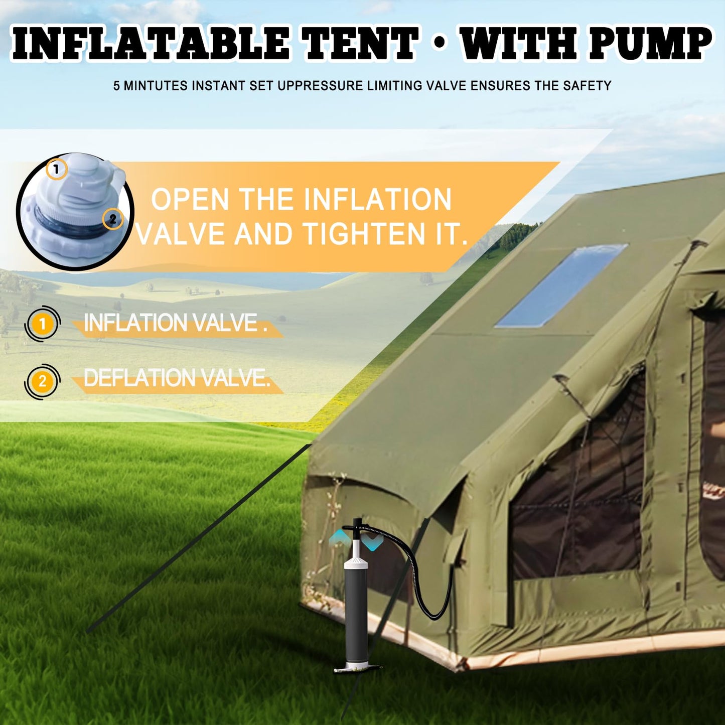 Inflatable Tent, Outdoor Easy Setup Inflatable Tents for Camping, Portable Blow Up Tent with Stove Jack, Cotton Canvas Material for Glamping, for 4 Season, 4/6/8/10 Person Use