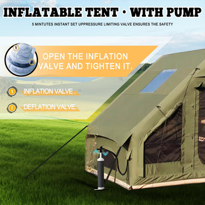 Inflatable Tent, Outdoor Easy Setup Inflatable Tents for Camping, Portable Blow Up Tent with Stove Jack, Cotton Canvas Material for Glamping, for 4 Season, 4/6/8/10 Person Use
