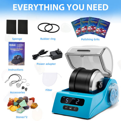 Rock Tumbler Kit Adults - Rock Polisher Tumbler with Noise Reduction Cover, Speed&Timer Control, Includes 4 Polishing Grits, Rough Gemstones, Learning Guide etc.（Blue）
