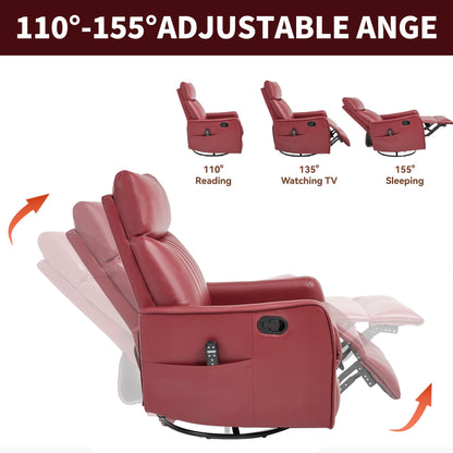 KEIKI 4-in-1 Manual Swivel Rocker Recliner Chair for Living Room, Faux Leather Nursery Glider Rocking Chairs with Back Massager & Heat, Engineered for Compact Apartment Comfort Lounging Daily, Red