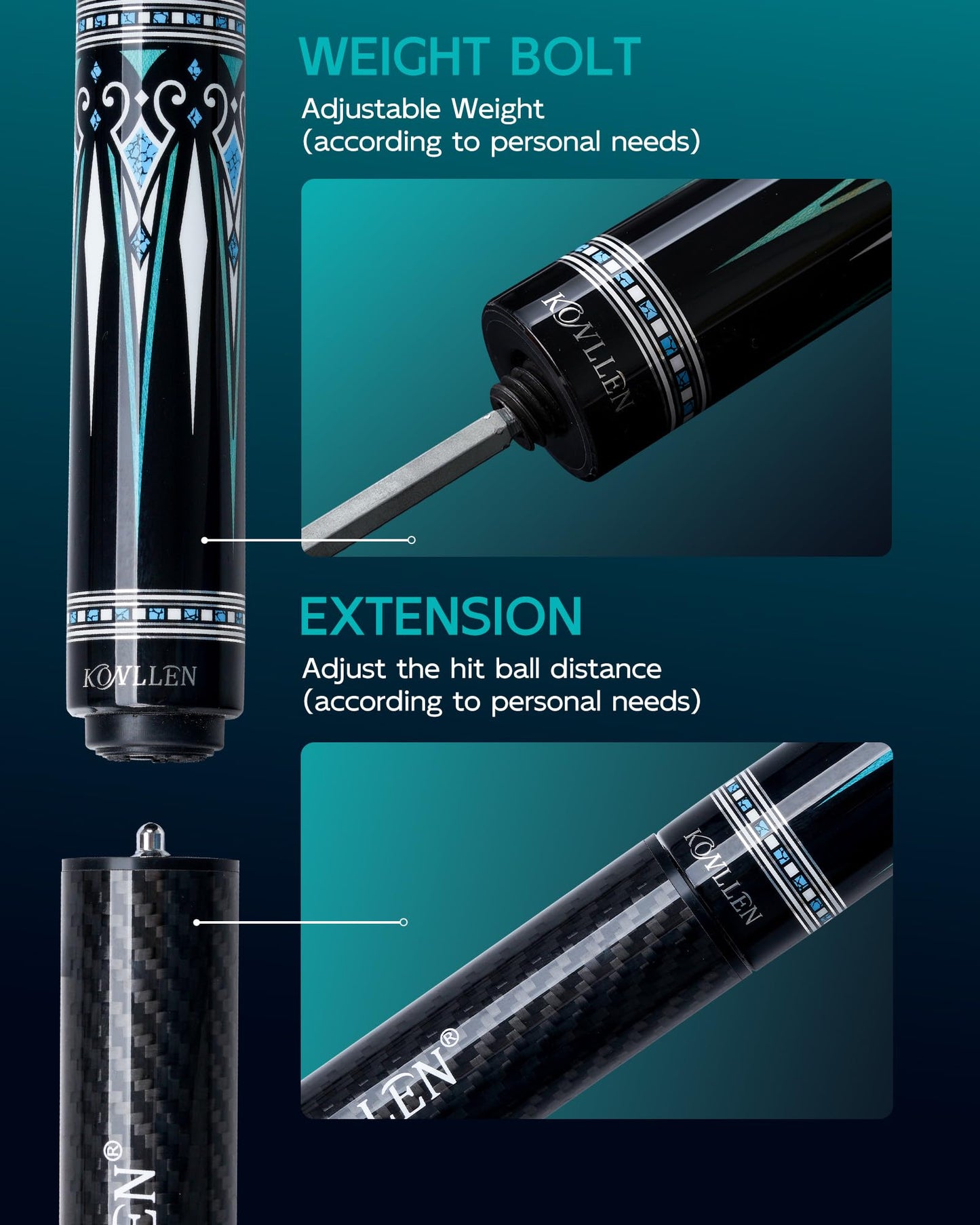 KONLLEN Carbon Fiber Pool Cue 2.0, 58-inch Low Deflection Billiard Stick for Adults with 12.5mm Tip and Pro Taper