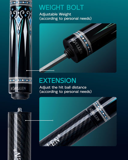 KONLLEN Carbon Fiber Pool Cue 2.0, 58-inch Low Deflection Billiard Stick for Adults with 12.5mm Tip and Pro Taper