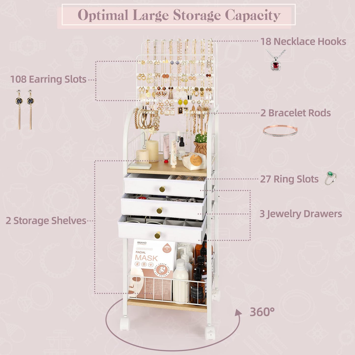 Keebofly Jewelry Organizer Stand with 3 Drawers, Large Necklace Holder & Earring Organizer Rack, Wooden Jewelry Tree Tower for Rings, Bracelets, Sunglasses and Skincare, Gift for Women, White