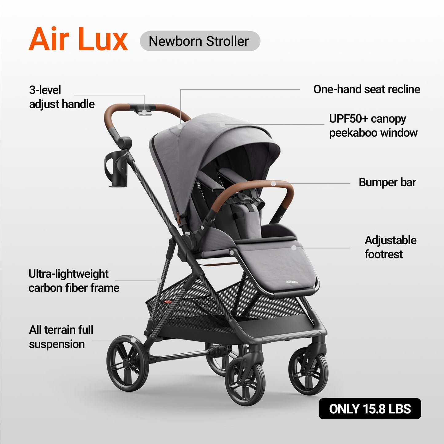 MAMAZING Air Lux Baby Stroller with Bassinet from Newborn to 50 lbs, Strength Carbon Fiber Frame Only 15.8lbs, Bassinet Stroller Included Reversible Seat, Car Seat Adapter & Large Storage Basket